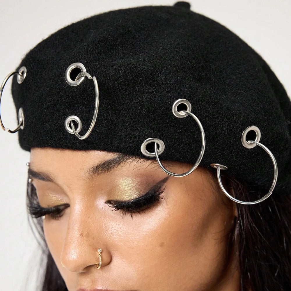 Personality Punk Style Beret Hat With Circular Hollow Rivet, Y2k Newsboy Caps