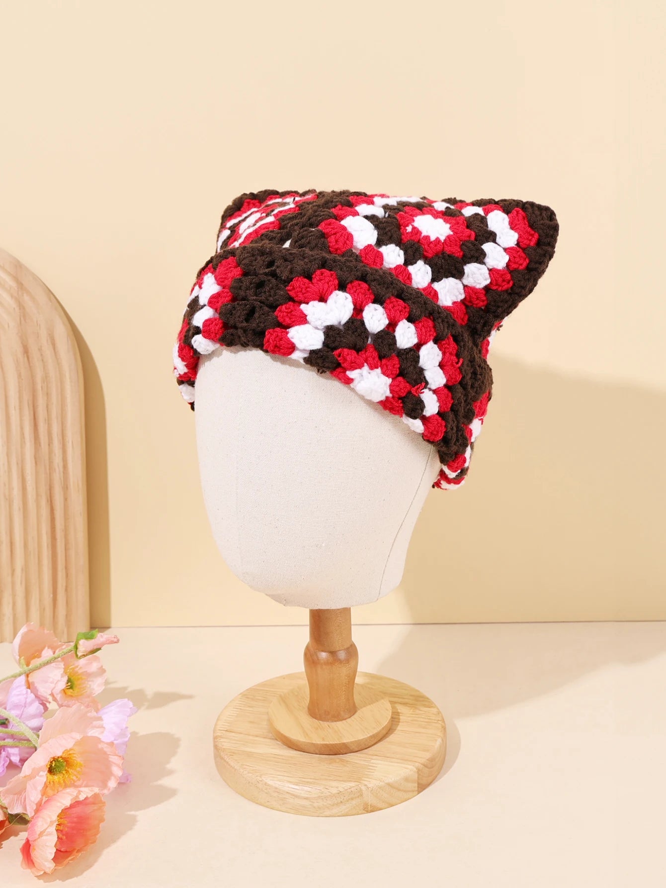 Niche Cute Cat Ear Color Matching Hand-Crocheted Beanie Hat