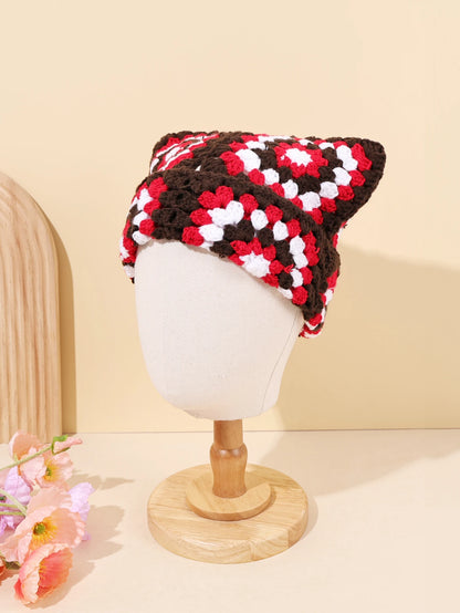 Niche Cute Cat Ear Color Matching Hand-Crocheted Beanie Hat
