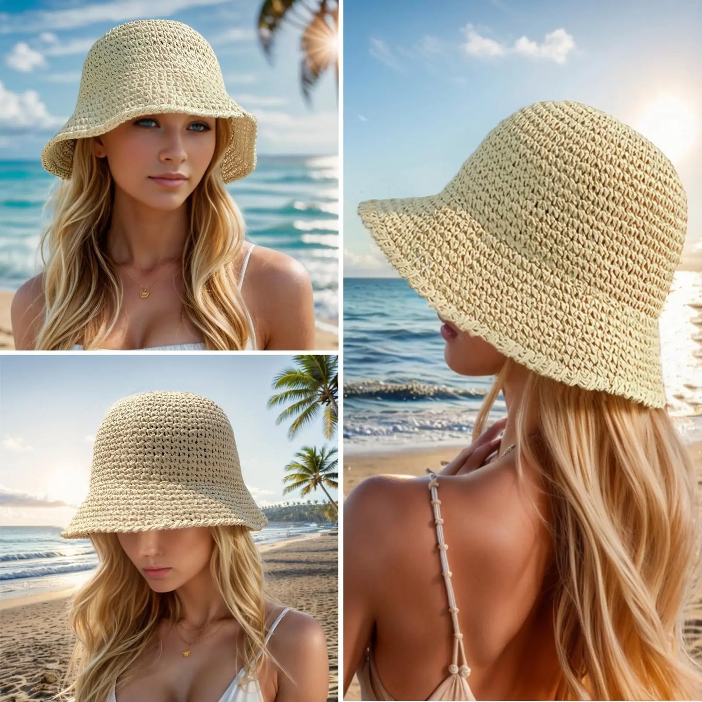 Summer UV-Protect Crochet Straw Bucket Hat