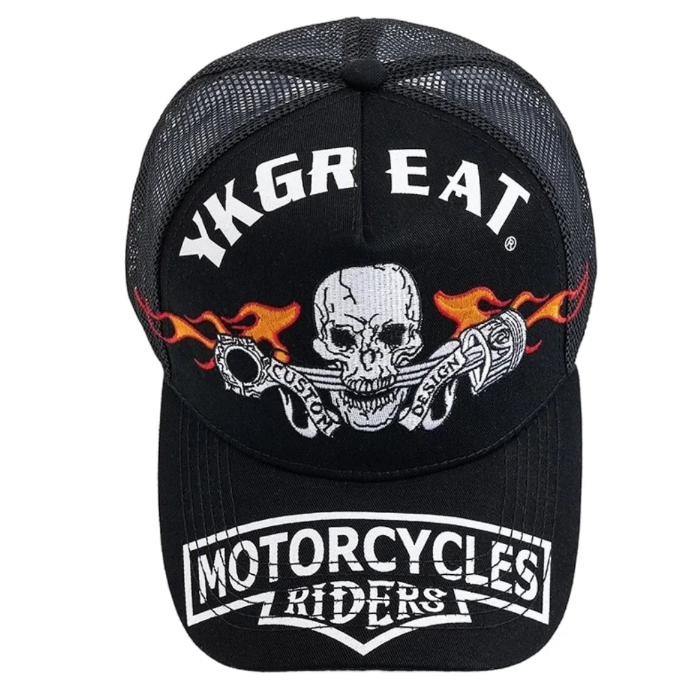Unisex Punk Style Cap Skull Flame Piston Embroidery Sports Baseball Cap