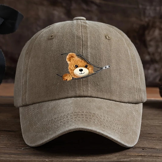Zippered Bear Print Baseball Cap, Outdoor Sun Protection Cap Machine Washable Baseball Cap