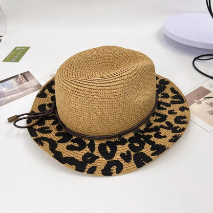 Leopard Print Foldable Straw Hat Women Summer Wide Brim Sun Hat