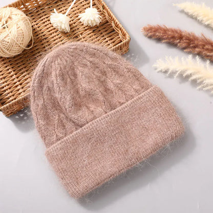 Women Fashion Twist Style Angora Rabbit Fur Beanie Winter Warm Knitted Cashmere Hat