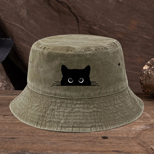 Cute Black Cat Print Pattern Fisherman Hat with Vintage Style Suitable for Outdoor Travel for Men and Women