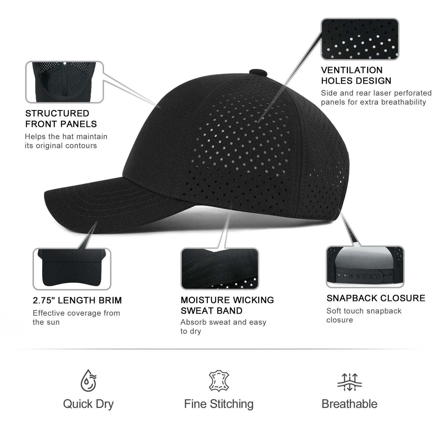 Men Quick Dry Baseball Cap Laser Cut Mesh Ball Curved Brim Snapback Hat