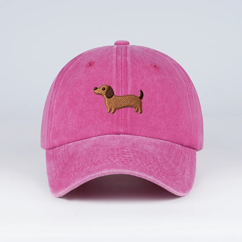 Multi Color Washed Dachshund Embroidered Baseball Cap Adjustable Casual Dad Hat Daily Wear Street Style