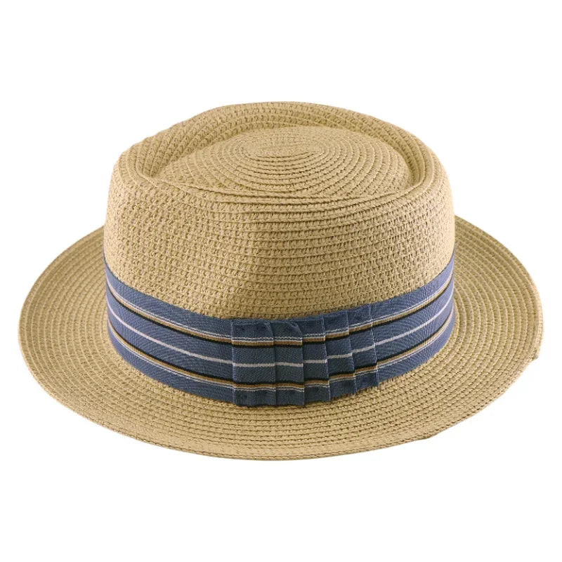 New Fedora Straw Hat With Wide Striped Band, Woven Sun Hat