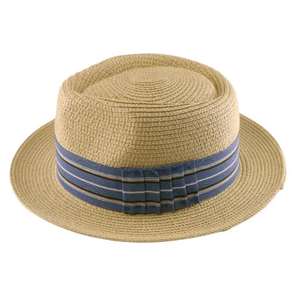 New Fedora Straw Hat With Wide Striped Band, Woven Sun Hat