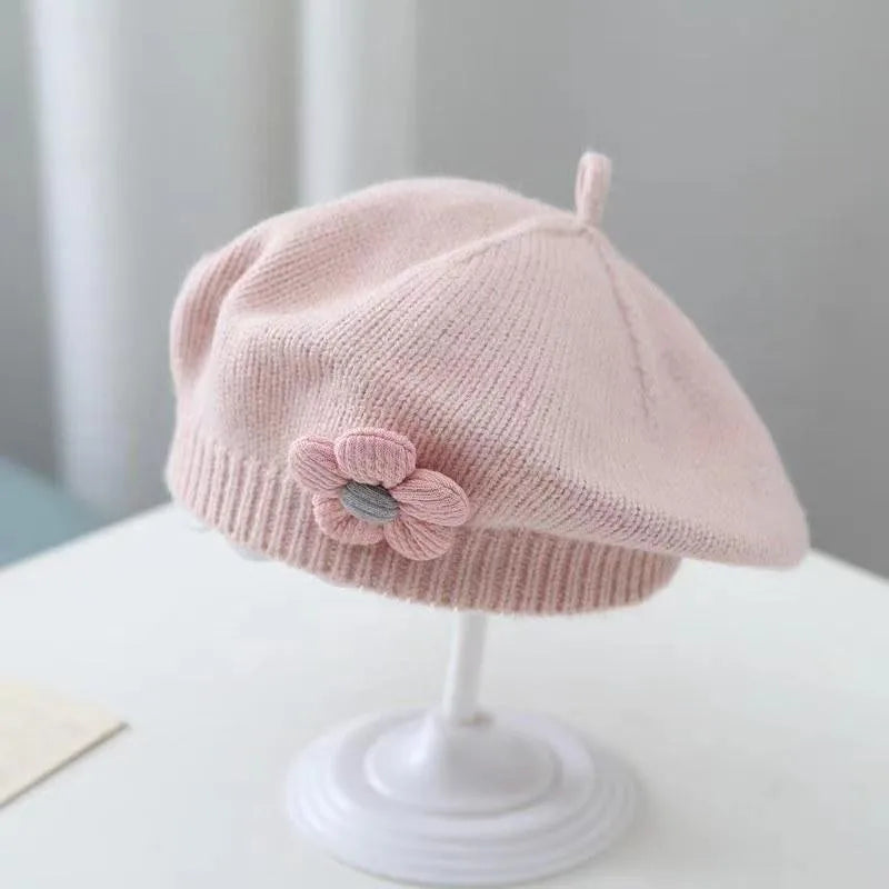 Flower Baby Beret Hat Winter Warm Knitted Beanie Cap