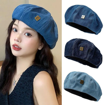 Fashion Denim Women Beret Hat Adjustable Retro Painter Hats
