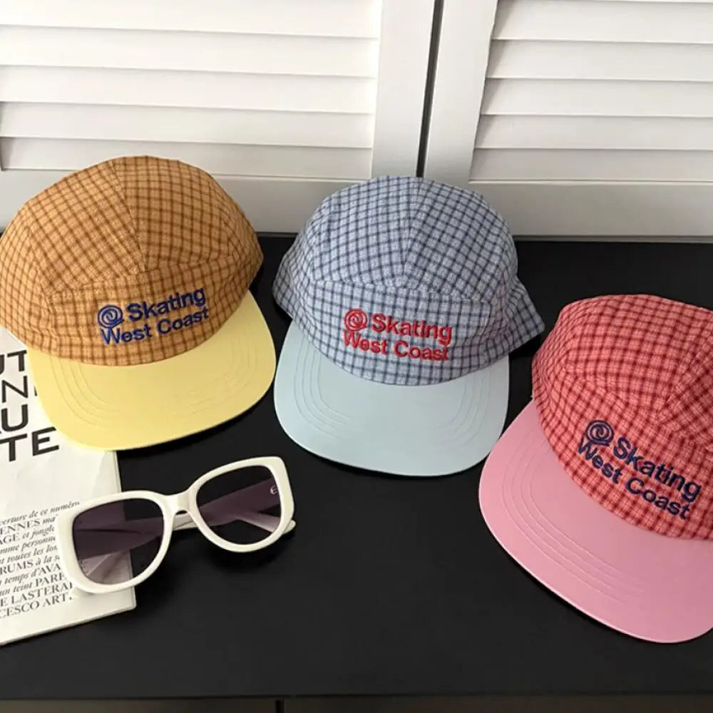 Cotton Baseball Cap Embroidered Plaid 5 Panel Hat Unisex