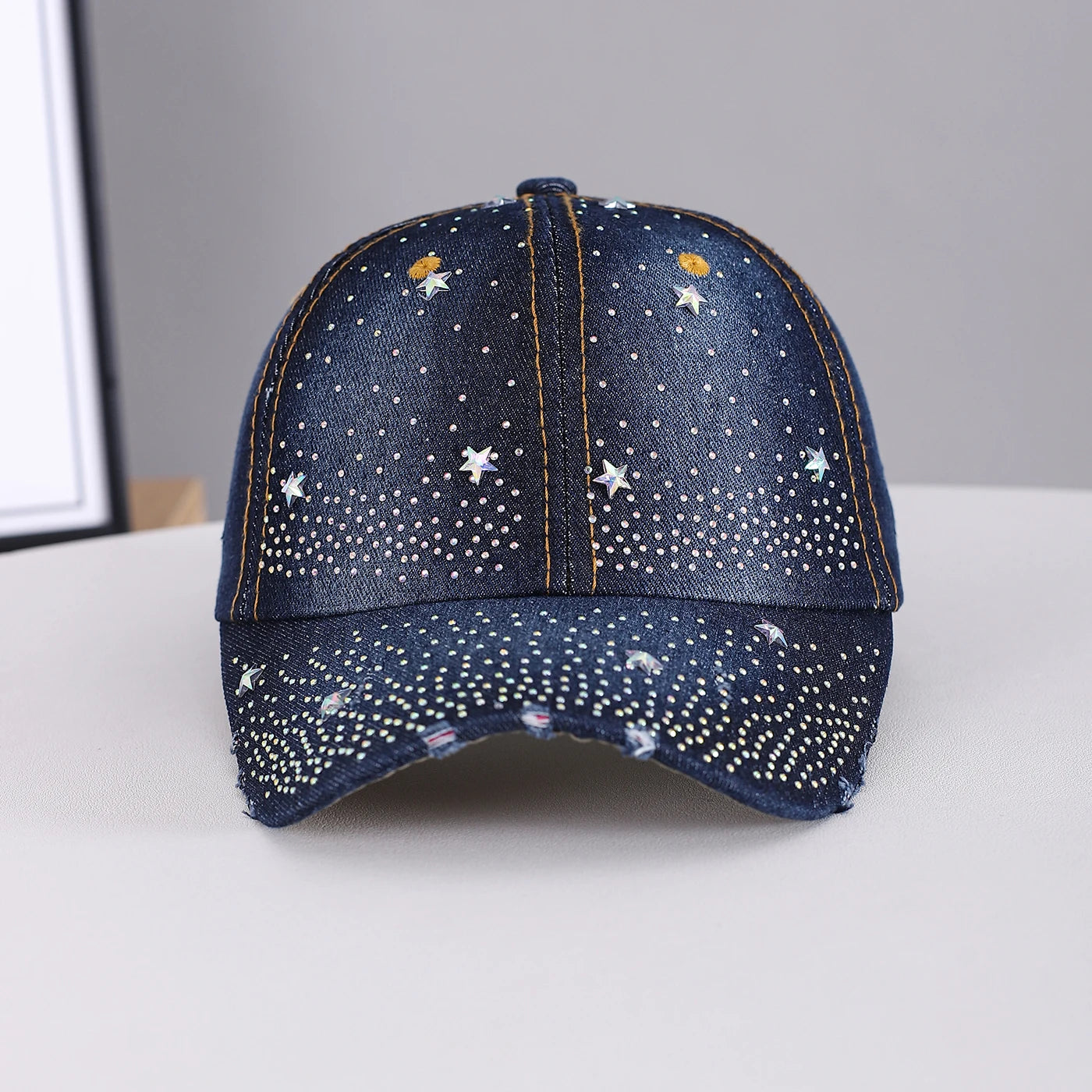 Mini Star-Studded Gradient Rhinestone Sky-Patterned Denim Frayed Baseball Cap