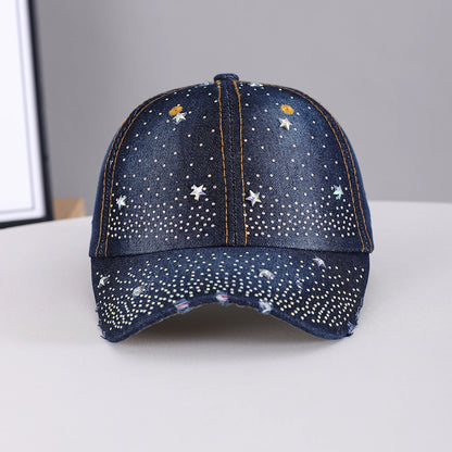 Mini Star-Studded Gradient Rhinestone Sky-Patterned Denim Frayed Baseball Cap