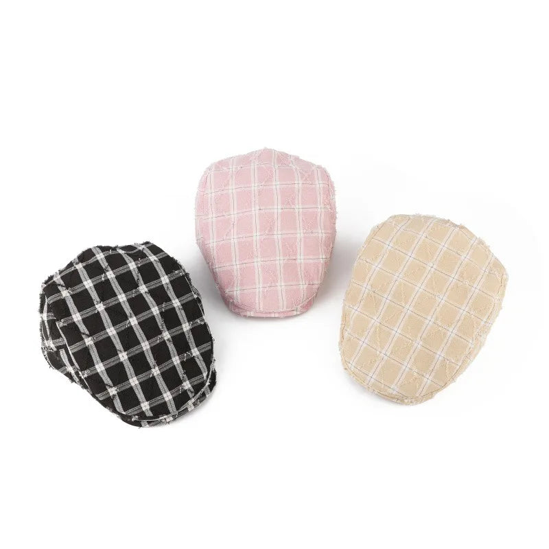 Korean Fashion Plaid Women's Berets Spring Autumn Octagonal Painter Cap