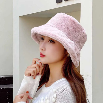 Korean Lamb Faux Fur Bucket Hat Lady Winter Warm Soft Panama Hat