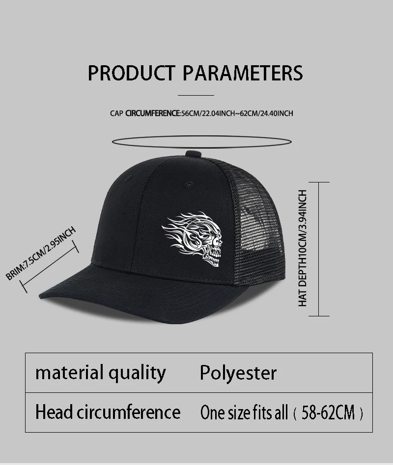 Flame Skull Print Trucker Cap Breathable Mesh Adjustable Cool & Bold Rocker Style Fashion Unisex Outdoor