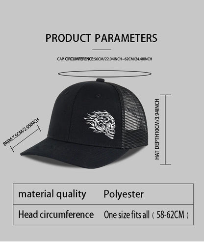 Flame Skull Print Trucker Cap Breathable Mesh Adjustable Cool & Bold Rocker Style Fashion Unisex Outdoor