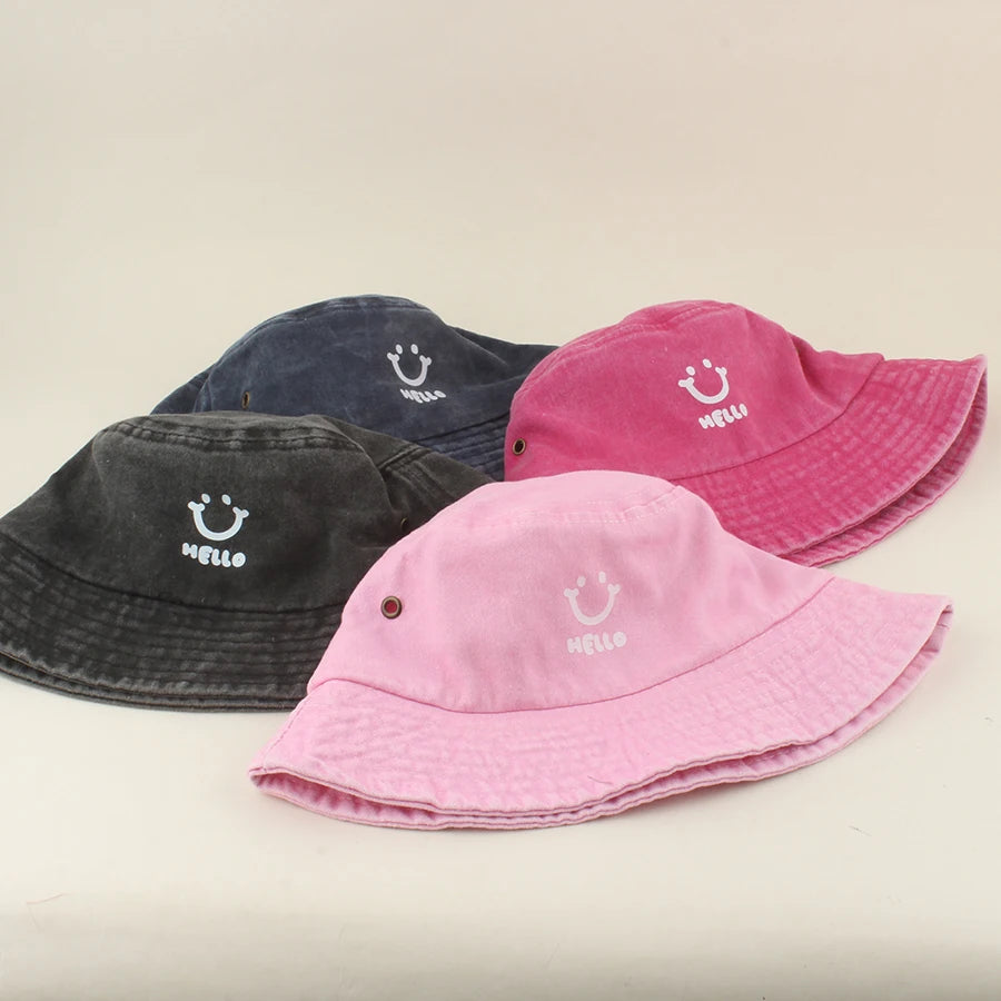 Baby Summer Sun Hat Kids Cartoon Smiling Face Hello Letter Bucket Hat