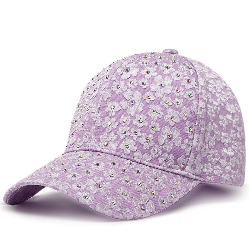 Summer Women Rhinestone Baseball Cap Flower Embroidery Hats
