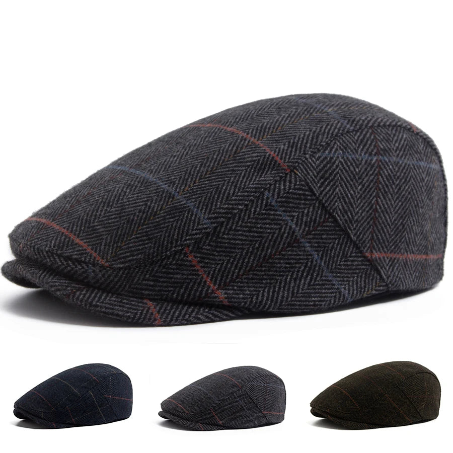 New Woolen Plaid Beret Men Casual Vintage Herringbone Newsboy Cap