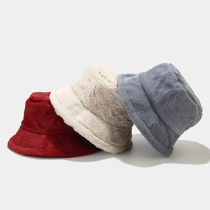 Faux Rabbit Fur Bucket Hat Lady Winter Warm Soft Panama Hat