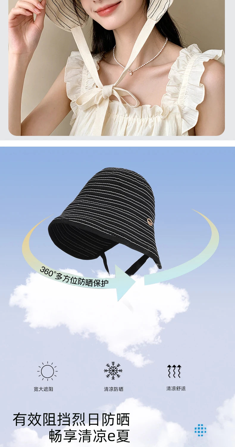Korean Striped Fisherman Hat Summer Outdoor Travel Sun Hat Japanese Strap Wrapped Around the Brim Sun Hat