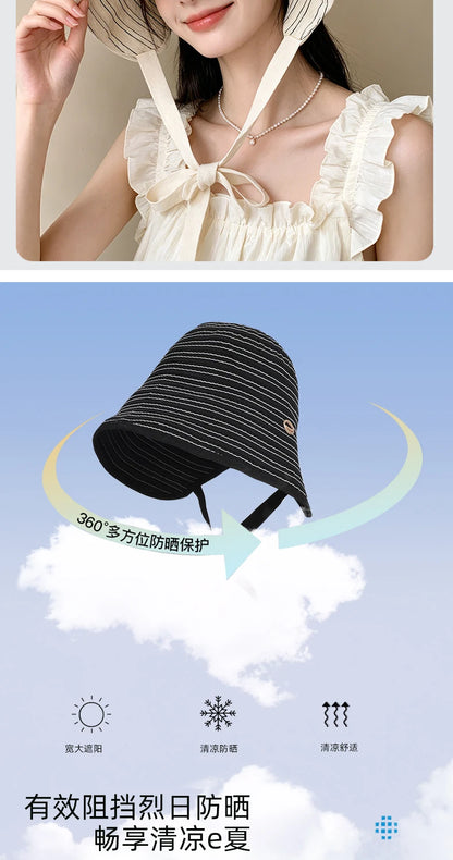 Korean Striped Fisherman Hat Summer Outdoor Travel Sun Hat Japanese Strap Wrapped Around the Brim Sun Hat