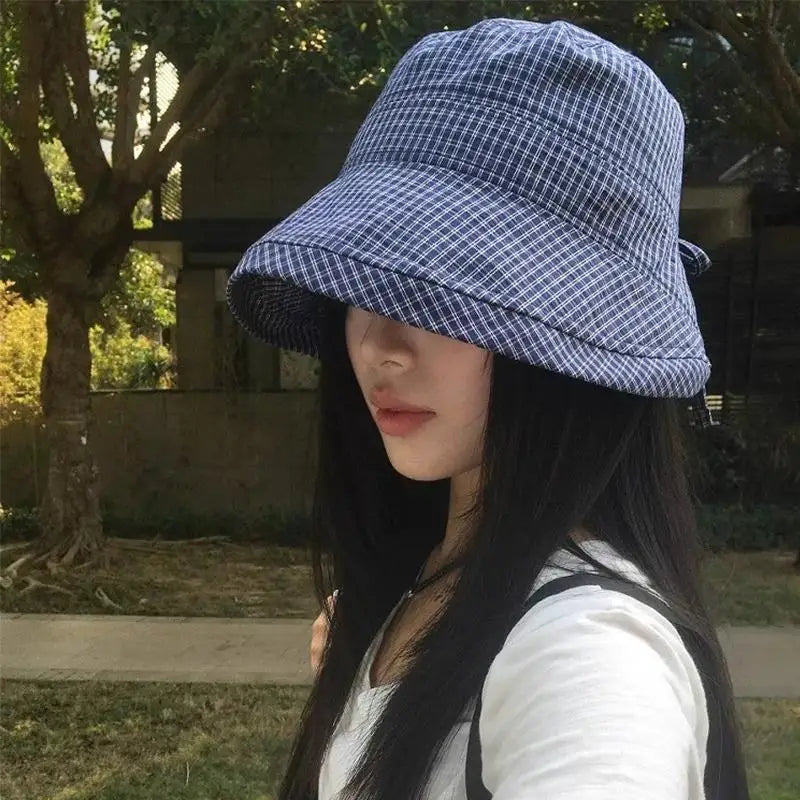 Fashion Summer Plaid Bucket Cap Curled Bow Plaid Sun Hat