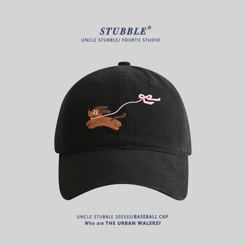 Baseball Cap with Original Cartoon Puppy Design Embroidery Widened & Deepened to Minimize Face Appearancenew Baseball Cap