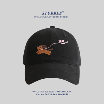 Baseball Cap with Original Cartoon Puppy Design Embroidery Widened & Deepened to Minimize Face Appearancenew Baseball Cap