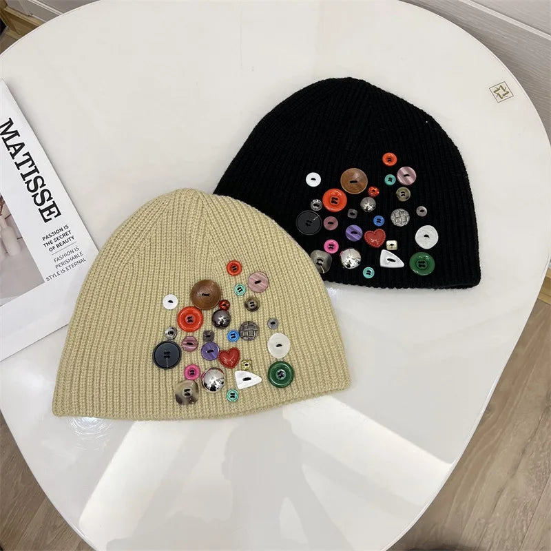 Korean Designer Colorful Button Beanies Wool Hat