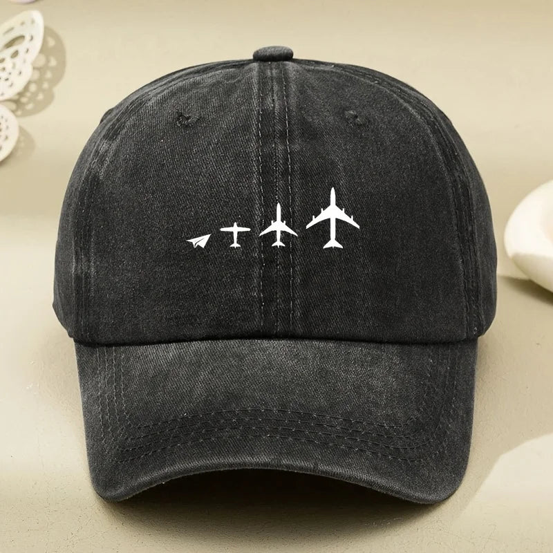 Retro Airplane Print Washed Baseball Cap for Both Men and Women