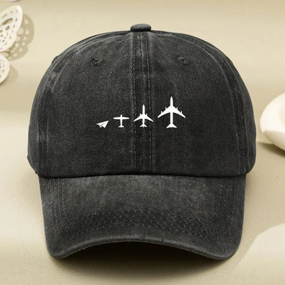 Retro Airplane Print Washed Baseball Cap for Both Men and Women