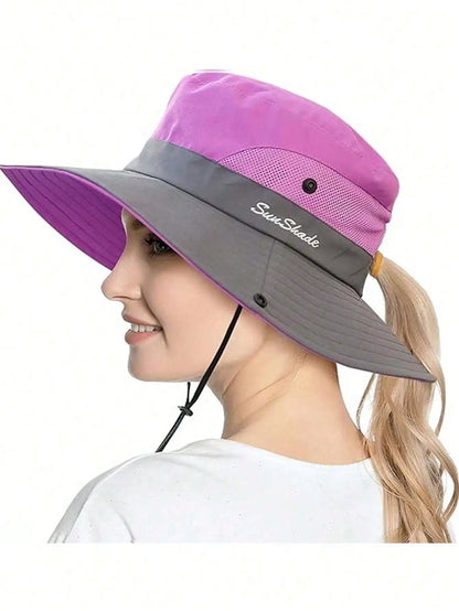 Women's Wide Brim Ponytail Sun Hat Sunshade Outdoor