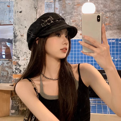 Y2k Personalized Hole Design Denim Newsboy Hats For Women And Men Spring Summer
