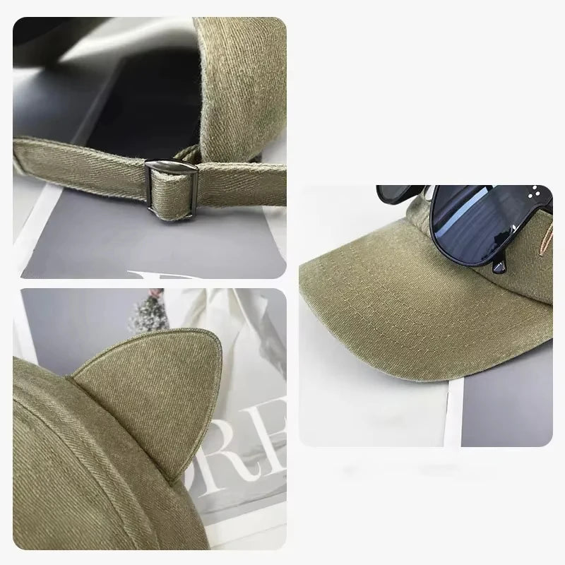 New Cute Cat Ears Pilot Hat With Glasses Baseball Cap