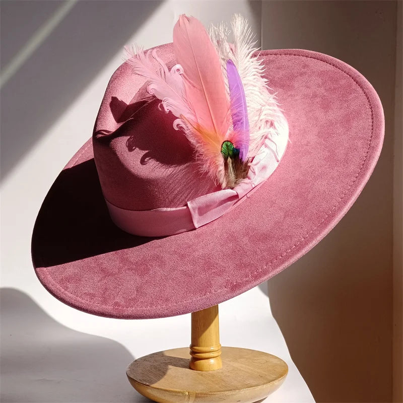 Yellow Bow Feather Suede Top Hat Wide Brim Fedora Hat