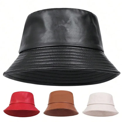Unisex Solid Color Personality Pu Leather Bucket Hats Fishermen Caps Outdoor