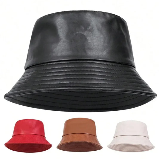 Unisex Solid Color Personality Pu Leather Bucket Hats Fishermen Caps Outdoor