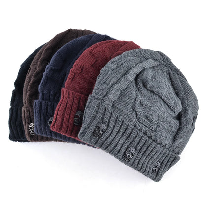 Winter Beanies Men Knitted Skull Pattern Solid Color Hat With Metal Skulls