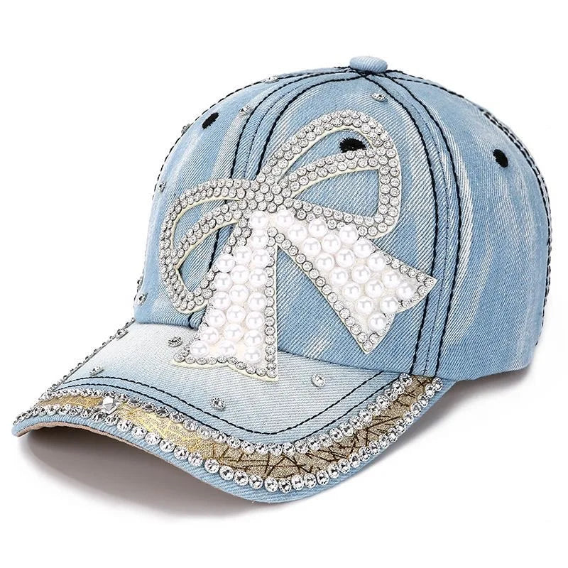 Women's Pearl Rhinestone Bow Denim Baseball Cap