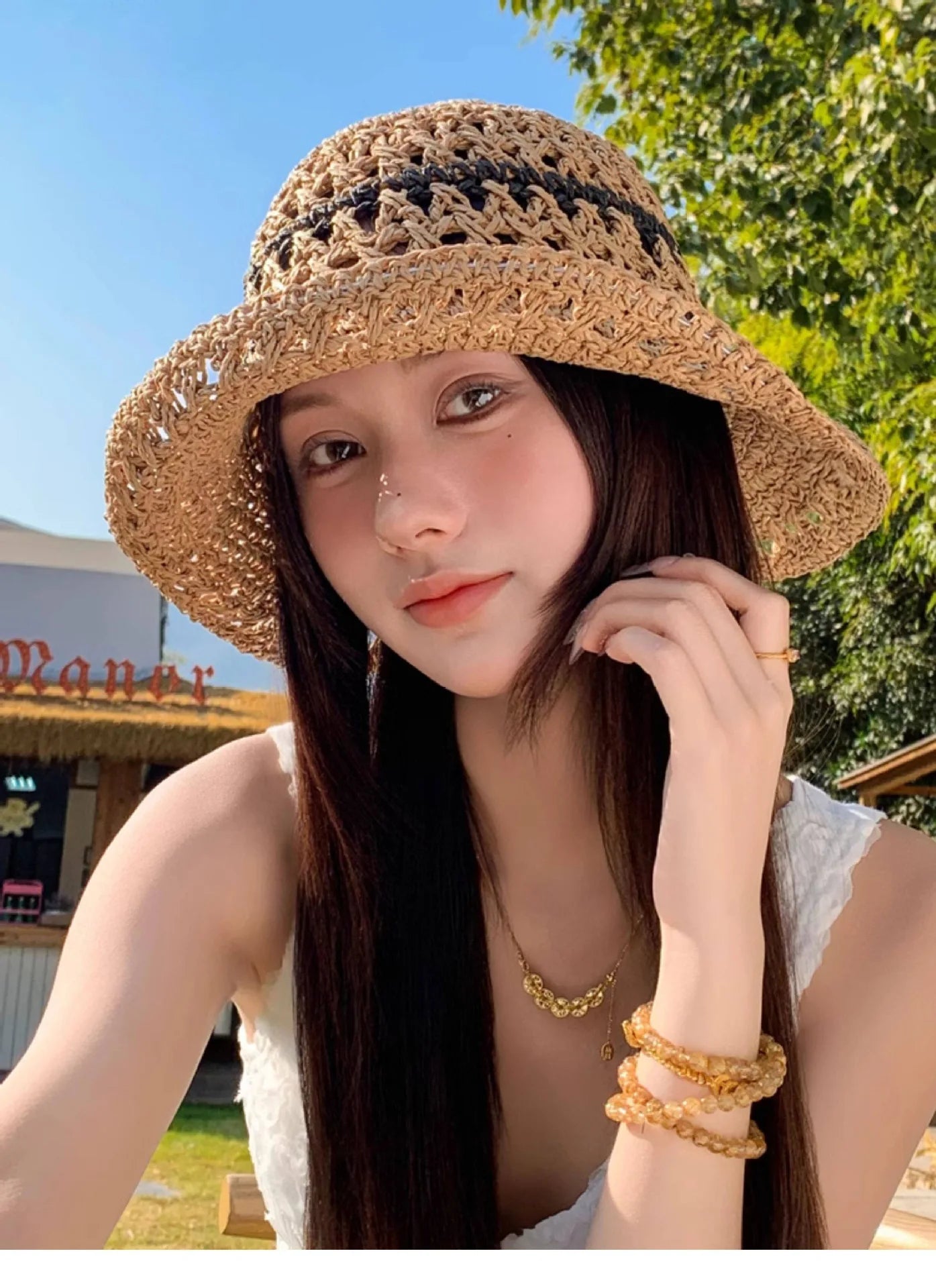Striped Openwork Knitted Straw Hat Breathable Fisherman's Hat