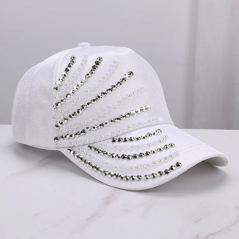 Satin Imitation Pearl Rhinestone Breathable Baseball Cap