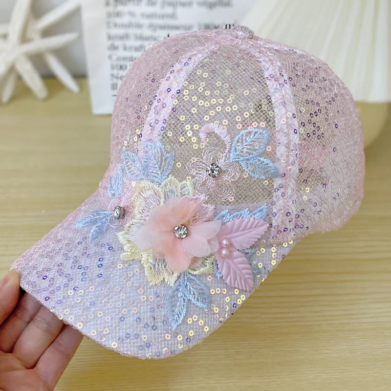 Fresh And Sweet Summer Lightweight Lace Sequin Flower Baseball Cap