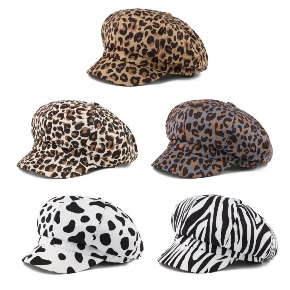 Retro Spot Leopard Print Octagonal Hat Polyester Y2K Women Beret
