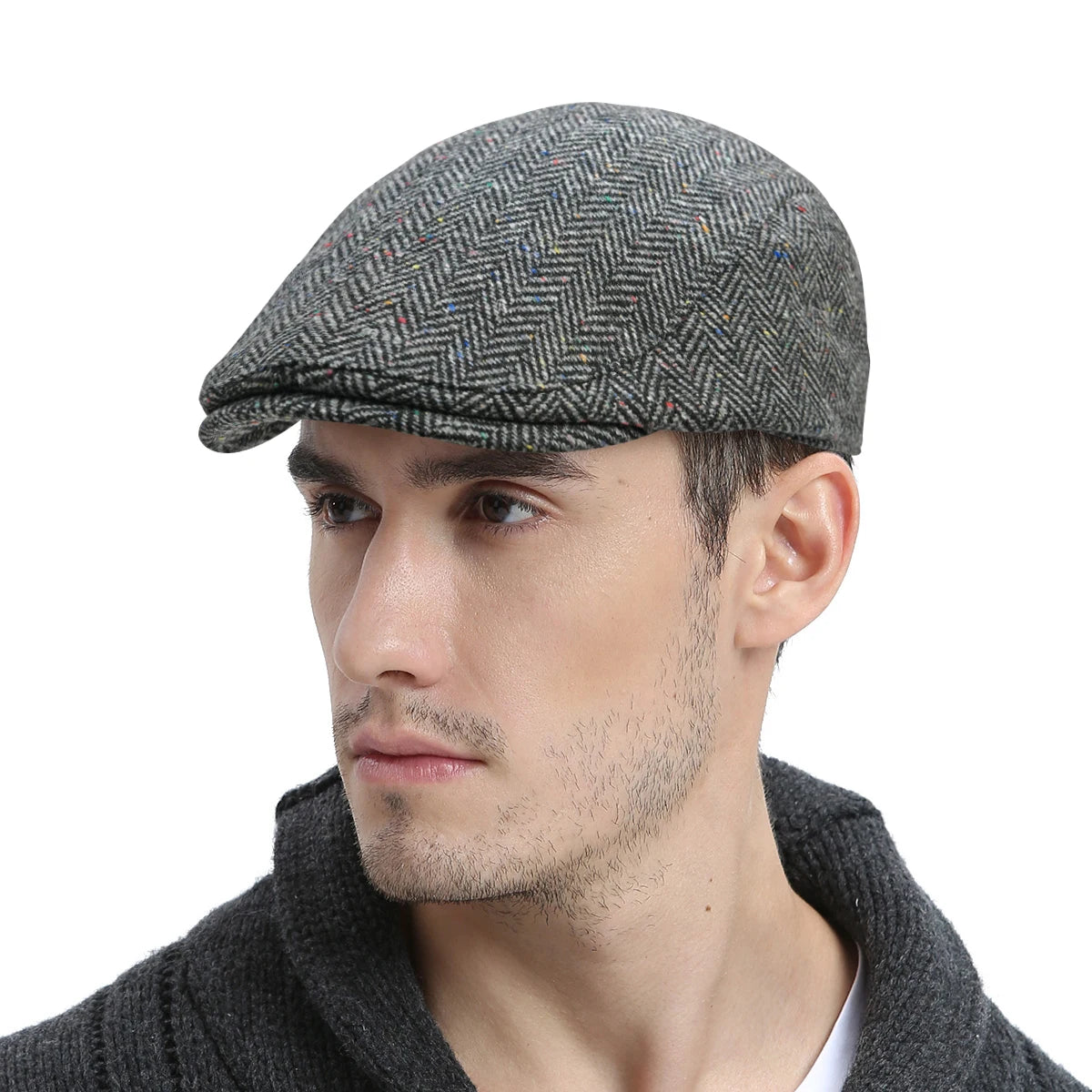 Men's Herringbone Flat Ivy Newsboy Hat Wool Blend Gatsby Cabbie Cap