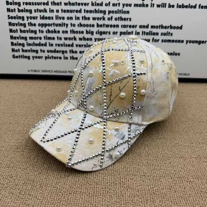 Unisex Retro Versatile Tie-Dye Quilted Rhinestone Imitation Pearl Baseball Cap
