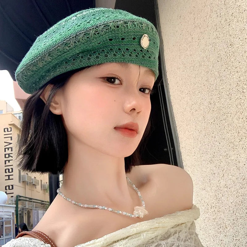 Vintage Hollow Mint Green Beret Women's Summer
