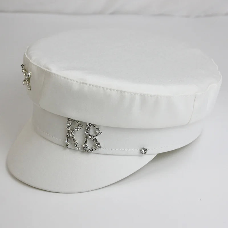 2025 Trendy Satin Letter RB Military Hats Crystal Flat Top Baker Boy Hat Visor